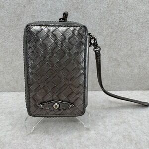 Elliott Lucca Wristlet Wallet OS Silver Metallic Woven Leather Boho Zip Around